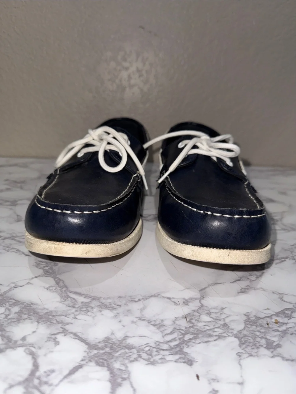 Club Room Navy Leather Boat Shoes with White Laces